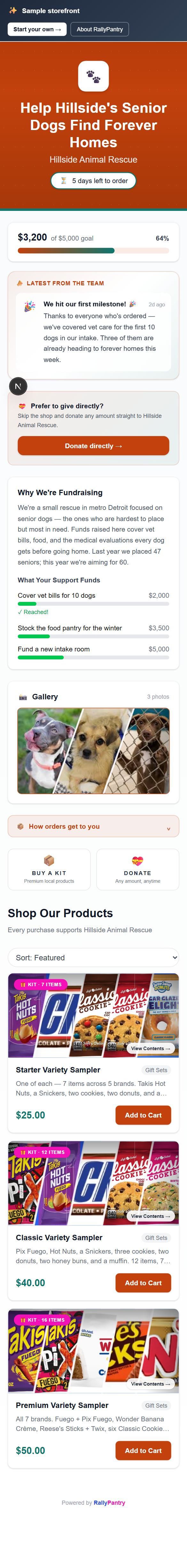 RallyPantry storefront for a dog shelter fundraiser — kits, campaign photo, progress bar