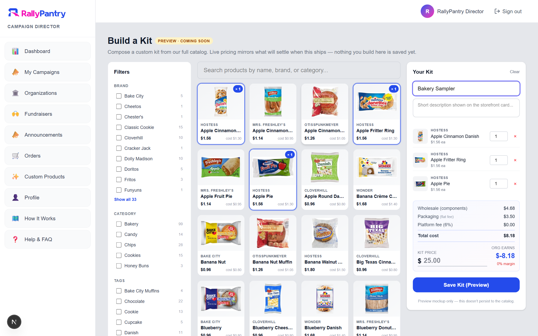 Build-a-Kit composer showing three Hostess snack products added to a kit named Bakery Sampler, with a live cost breakdown and 45% net-to-org margin projection