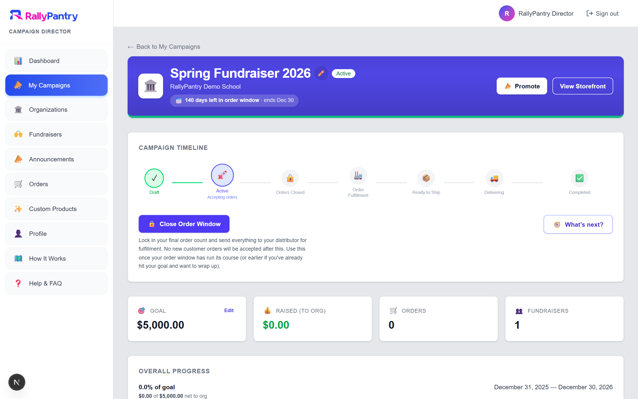 The director's campaign home screen — showing how far along the campaign is, plus goal, raised, orders, and fundraiser totals