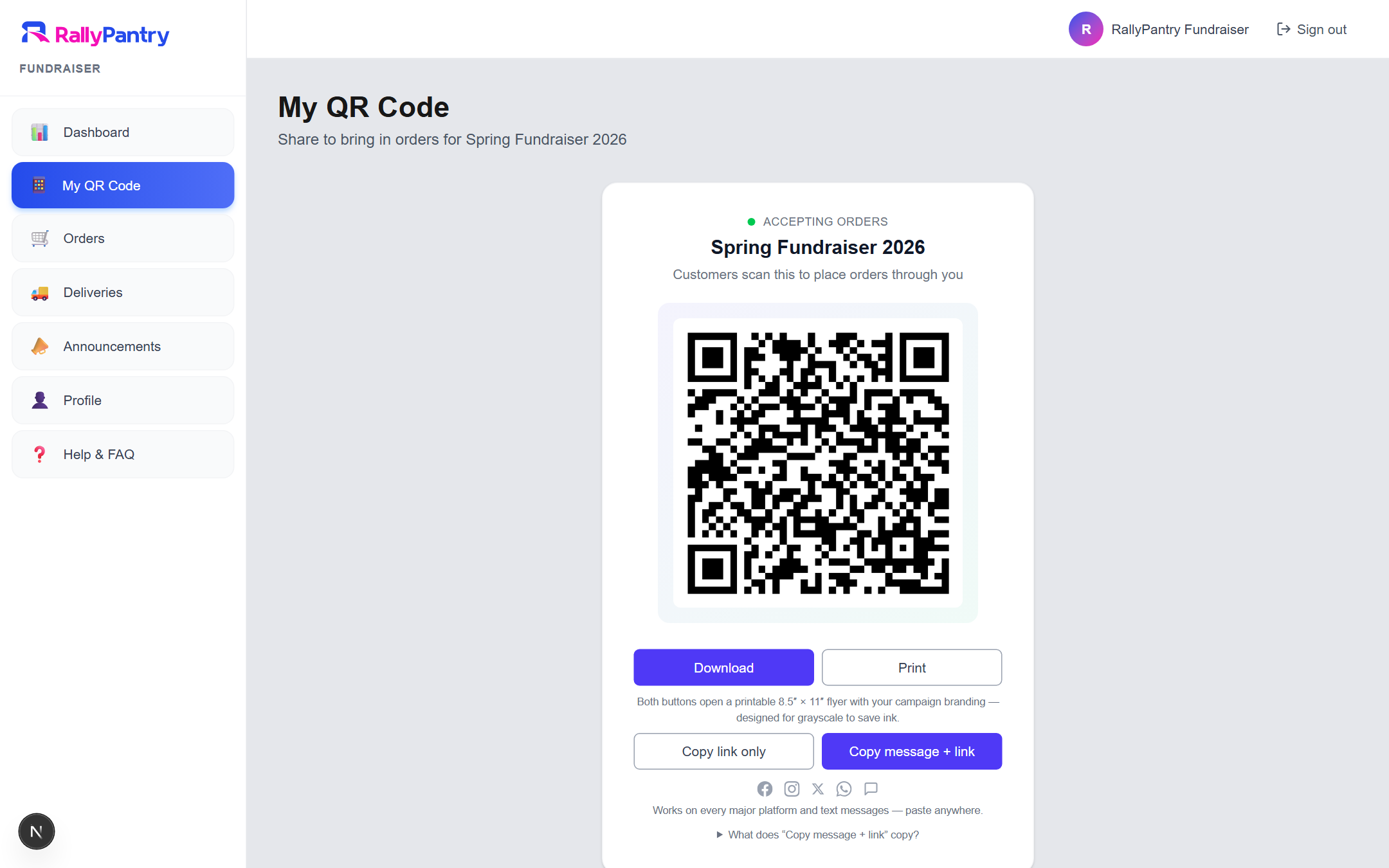 Fundraiser share-kit dashboard showing a personal QR code, four social share graphics, copy-link button, and print flyer options